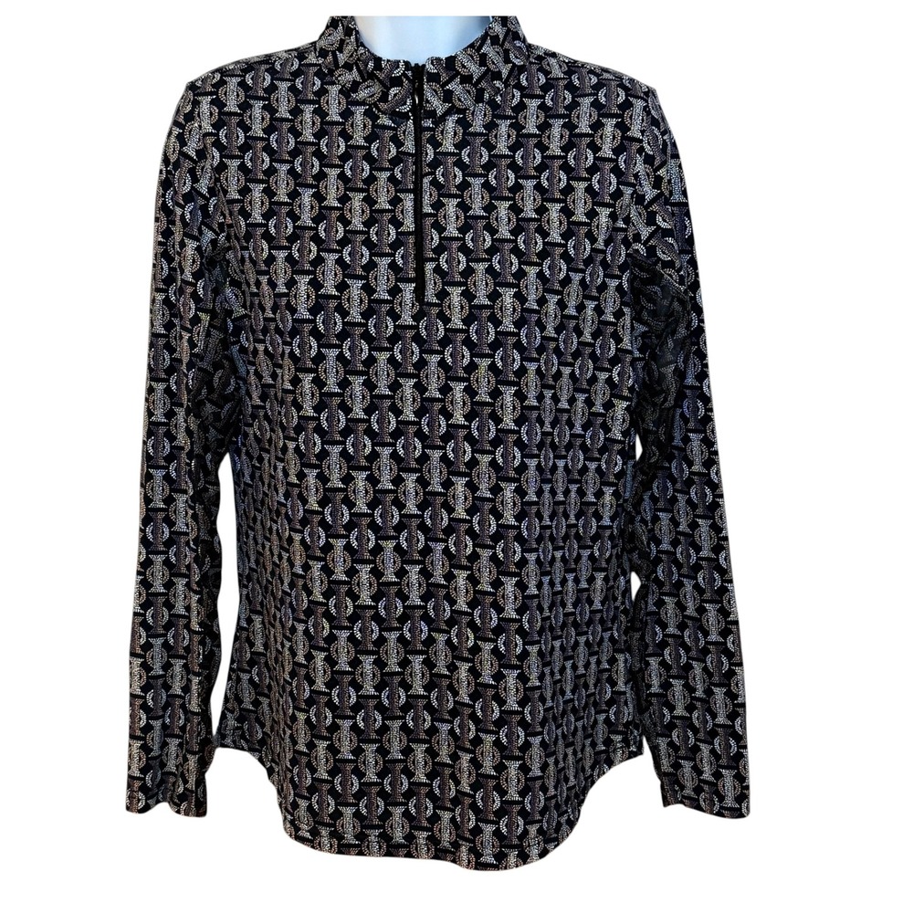 Icikuls Womens Small Quarter Zip Sun Shirt Long Sleeve Geometric Print Black Tan